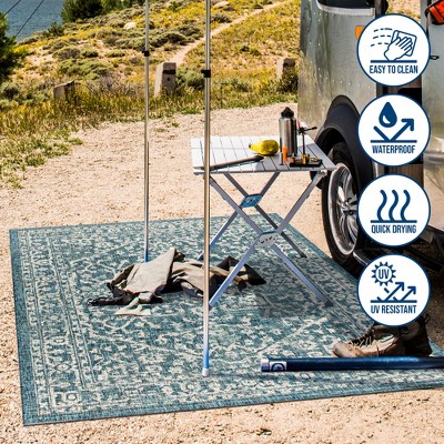 Teal and Gray Bohemian Medallion Indoor/Outdoor Area Rug, 3 x 5