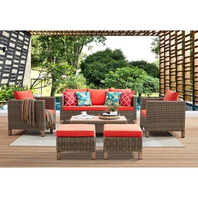 Chic Crate - Duponta 6-Piece All-Weather Wicker Sectional Set with Orange Cushions & Table