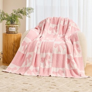 Lomsoe Pink Christmas Bow Plaid Flannel Blanket Cozy Warm Throw Blanket Christmas Gift Bed Blanket Throws for Xmas Winter Bedding Couch - 1 of 3