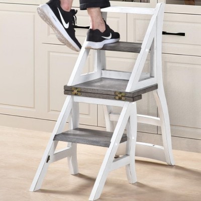 Solid Wood Foldable Ladderchair Dual Purpose Stepladders Step Display Stand Flower Stand forHome,Library,Kitchen