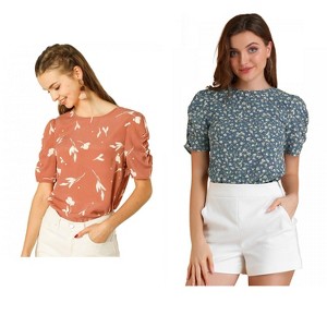 Allegra K Women's Floral Summer Crew Neck Casual Shirred Short Sleeve Blouse 2 Pcs - 1 of 4