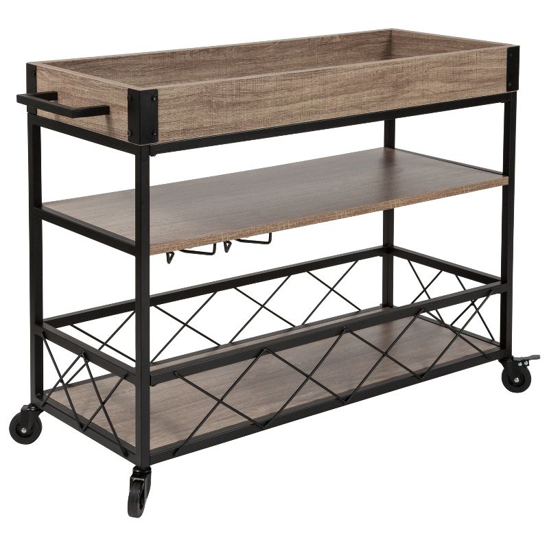 Merrick Lane Rolling Kitchen Serving and Bar Cart with Shelves and Wine Glass Holders in Distressed Light Oak Wood and Black Iron, 1 of 15