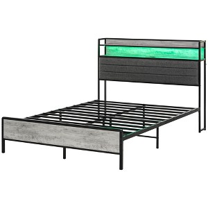 Full Bed Frame with Storage Upholstered Headboard, Full Size Bed Frame with LED Lights, Charging Station - 1 of 4