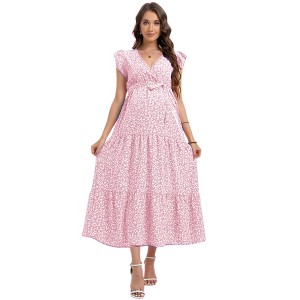 Women Summer Bohemian Floral Casual Wrap Midi Sun Dress - 1 of 4