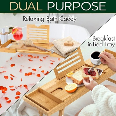 Adjustable Dark Brown Bamboo Freestanding Bathtub Caddy Tray