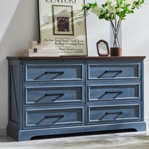 SinCiDo 6 Drawer Dresser for Bedroom, Farmhouse TV Stand with 6 Drawers, 52″ W Rustic Dresser Wood Chest of Drawers for Bedroom, Blue - 1 of 4