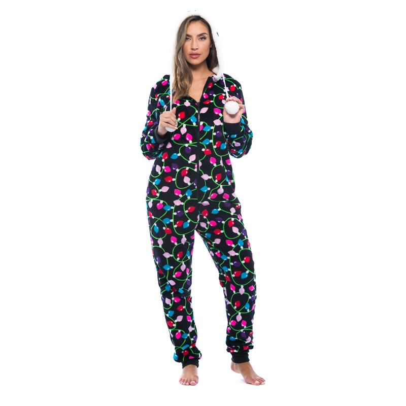 Just Love Womens One Piece Winter Holiday Adult Onesie Faux Shearling Lined Hoody Xmas Pajamas, 1 of 5