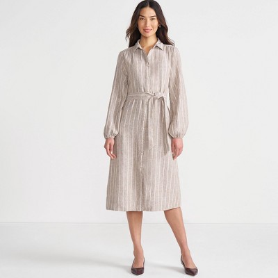 Lands' End Women's Linen Long Sleeve Midi Shirt Dress