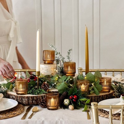 Ribbed Amber Glass Tealight Candle Holders Set of 6