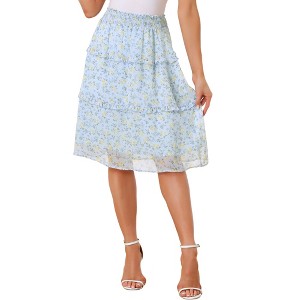 Allegra K Women's Floral Print Smocked Elastic Waist Midi Flowy Tiered Ruffle Skirt - 1 of 4