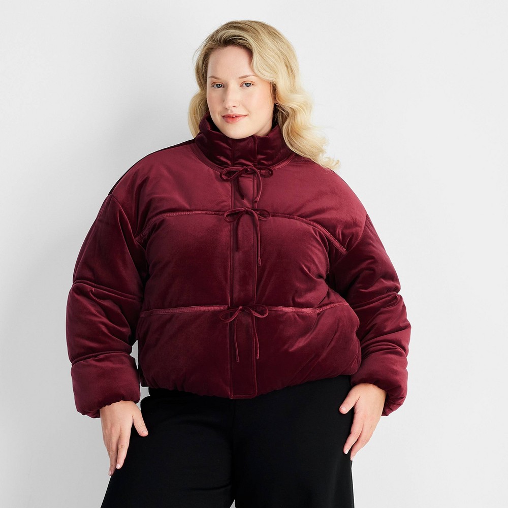 Women's Holiday Velvet Bow-Tie Puffer Jacket - Future Collective Burgundy 2X