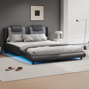Full/Queen/King Size Platform Bed, Modern Style Faux Leather Upholstered Bed Frame with LED Light and Adjustable Headboard - ModernLuxe - 1 of 4