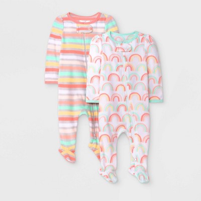 Image of Baby Girls' 2pc Rainbow Fleece Sleep N' Play Pajama Romper - Cloud Island™ Newborn