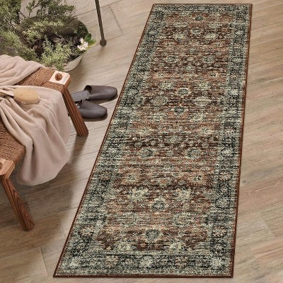 2x6 Washable Vintage Runner Rug, Low Pile Oriental Carpet, Non-Slip Kitchen/Bath Entryway Mat, Stain-Resistant Indoor Carpet
