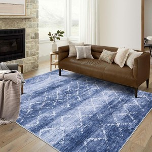 Washable Rugs, Non Slip Indoor Distressed Blue Rug Trellis Large Rug Soft Non Shedding Stain Resistant Carpet for Dining Room - 1 of 4