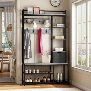 5-in-1 Coat Rack, Hall Tree with Bench and Shoe Storage, Freestanding Entryway Bench with 5-Tier Open Shelves, Fabric Storage Basket and 12 Hooks - 1 of 4