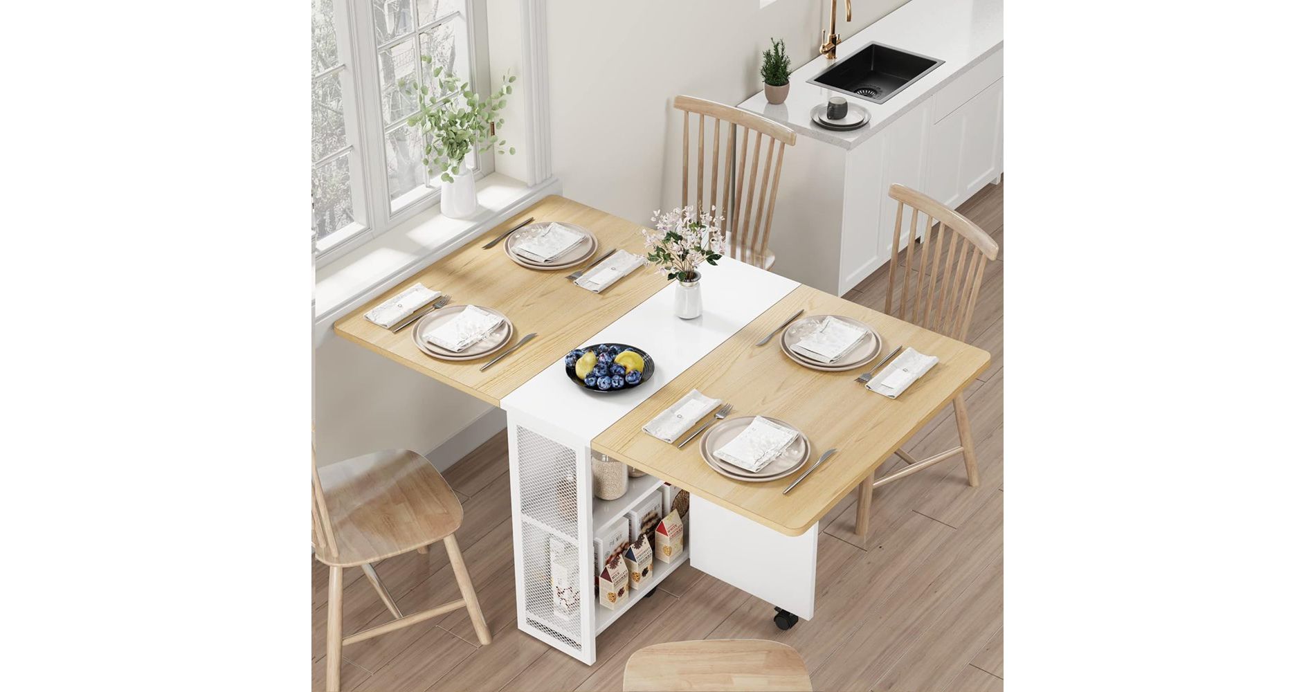 Folding Dining Table, Drop Leaf Dining Table with 6 Wheels and 2-Layer Storage Shelf, Space Saving Dining Table for Small Spaces