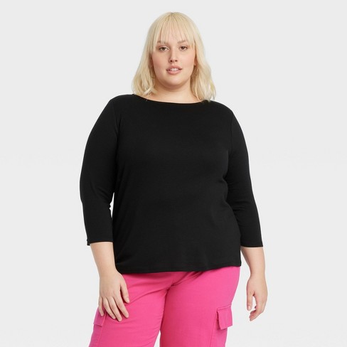 Women's Slim Fit 3/4 Sleeve T-shirt - Ava & Viv™ Black 2x : Target