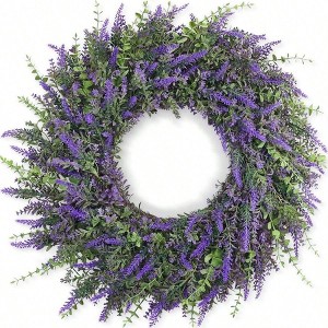26'' Large Eucalyptus and Lavender Wreath Front Door Porch Window Decor Artificial Eucalyptus Leaves Lavender Purple - 1 of 4