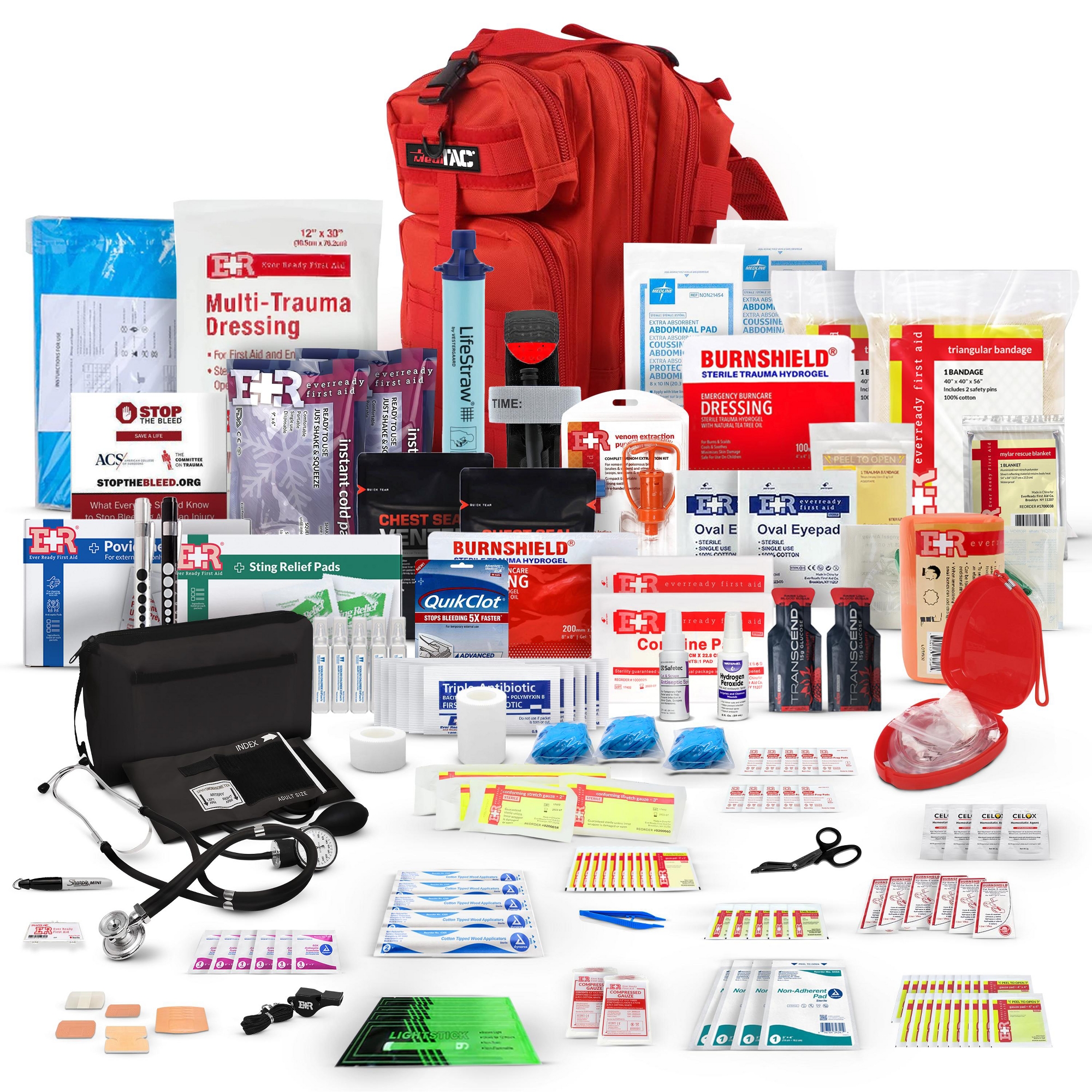 Rucksack Assault Trauma Tactical Kit Feat. SOF Tourniquet, Chest Seals, Clotting Gauze – Red