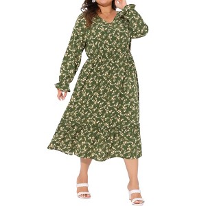 Agnes Orinda Women's Plus Size Bohe Floral Print V Neck Long Sleeve Ruffle Hem A Line Midi Dresses - 1 of 4