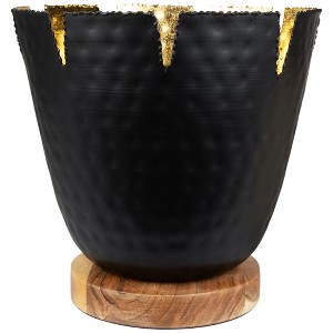 Northlight Iron and Foil Pillar Candle Holder with Wooden Base - 9.25" - Black and Gold - 1 of 4