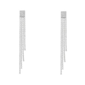 Women’s Silver-Tone Copper Linear Tassel Drop Earrings, Modern Pave CZ Fringe Design, Long Dangle Style, Elegant Jewelry for Formal & Party Occasions - 1 of 4