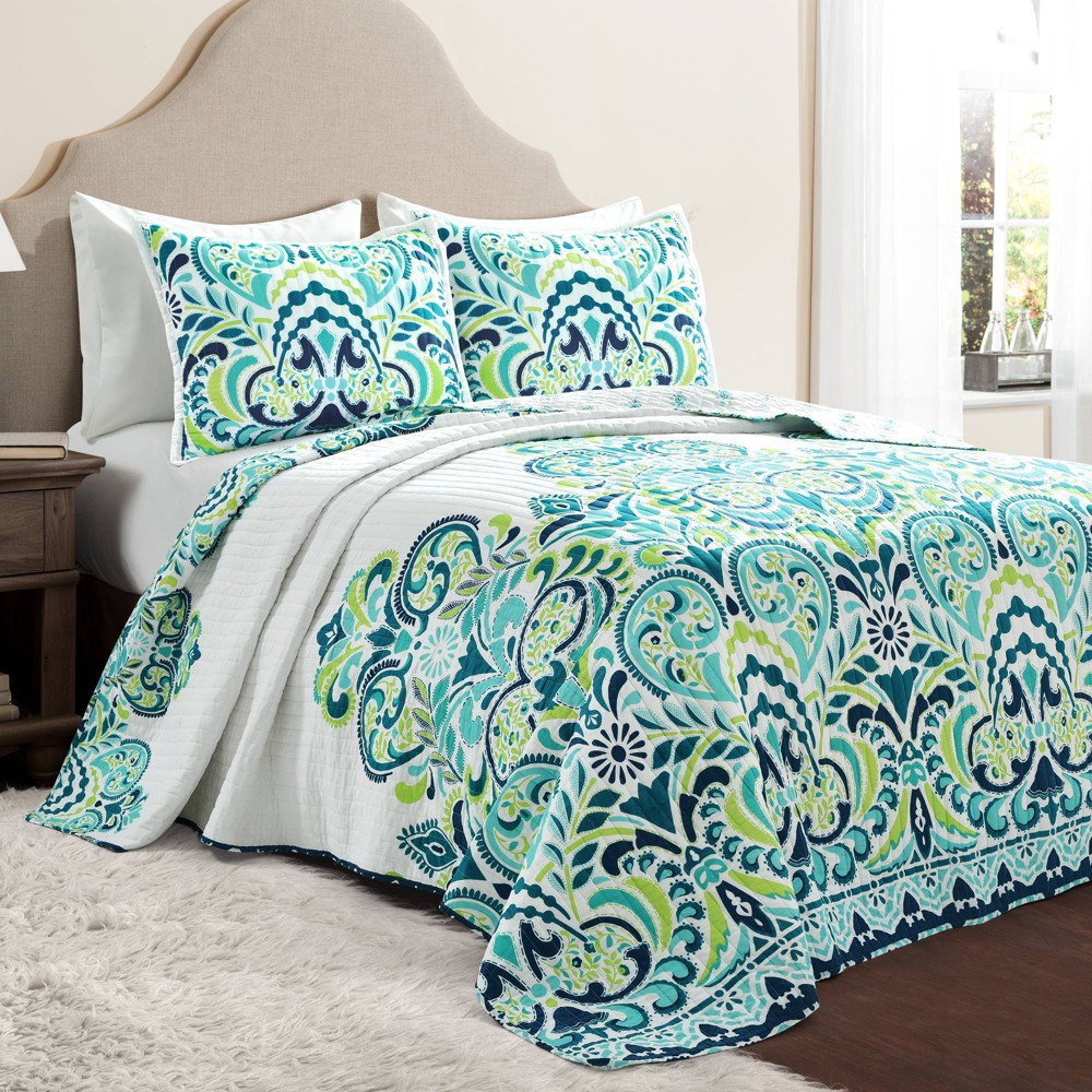 Photos - Duvet Full/Queen 3pc Clara Quilt Set Green - Lush Décor