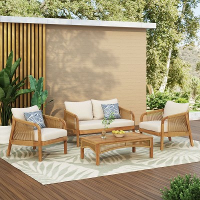 CAVINAS Outdoor Couch Set, Acacia Patio Furniture Set with Coffee Table, Modern Porch Chairs Sets with Cushions for Garden, Brown+Beige