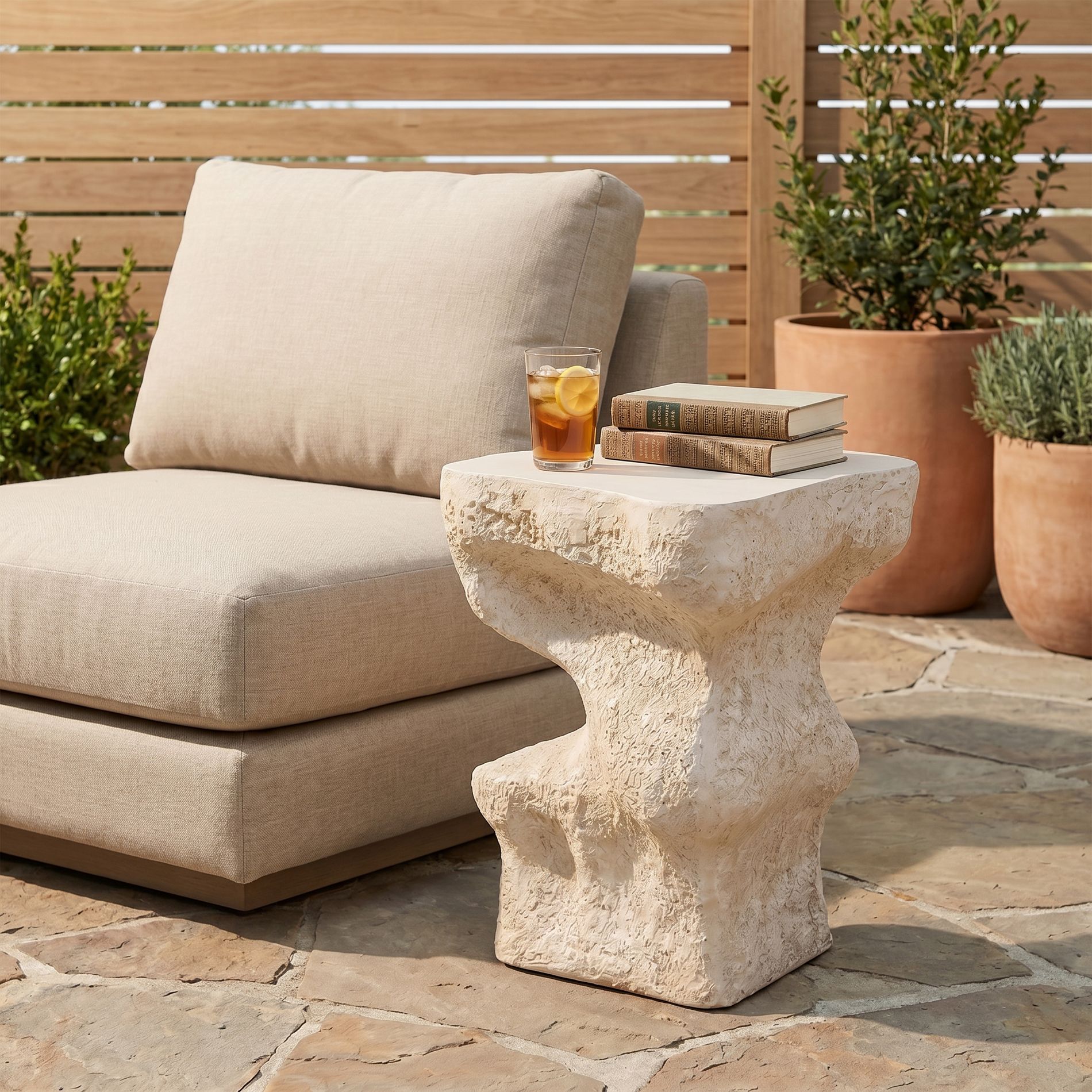 Outdoor Patio MGO Accent Side Table, Abstract Wavy Stone-Look End Table, Sculptural Pedestal Table, Beige - ModernLuxe