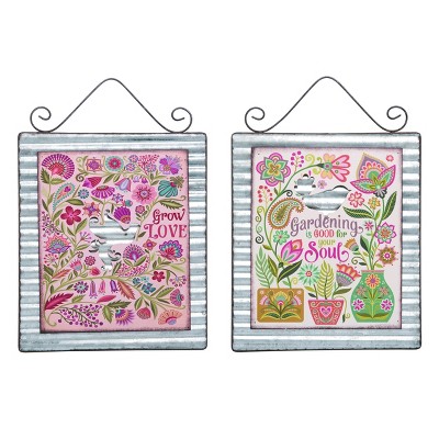 Transpac Metal Corrugated Folk Art Gardening Sentiment Sign Set of 2 Hanging Wall Decorations