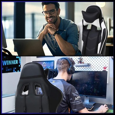 Black and White Ergonomic PU Leather Gaming Chair with Footrest