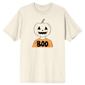 Kids Halloween Jack O Lantern Boy Boo Youth Natural Short Sleeve Crew Neck Tee - 1 of 3
