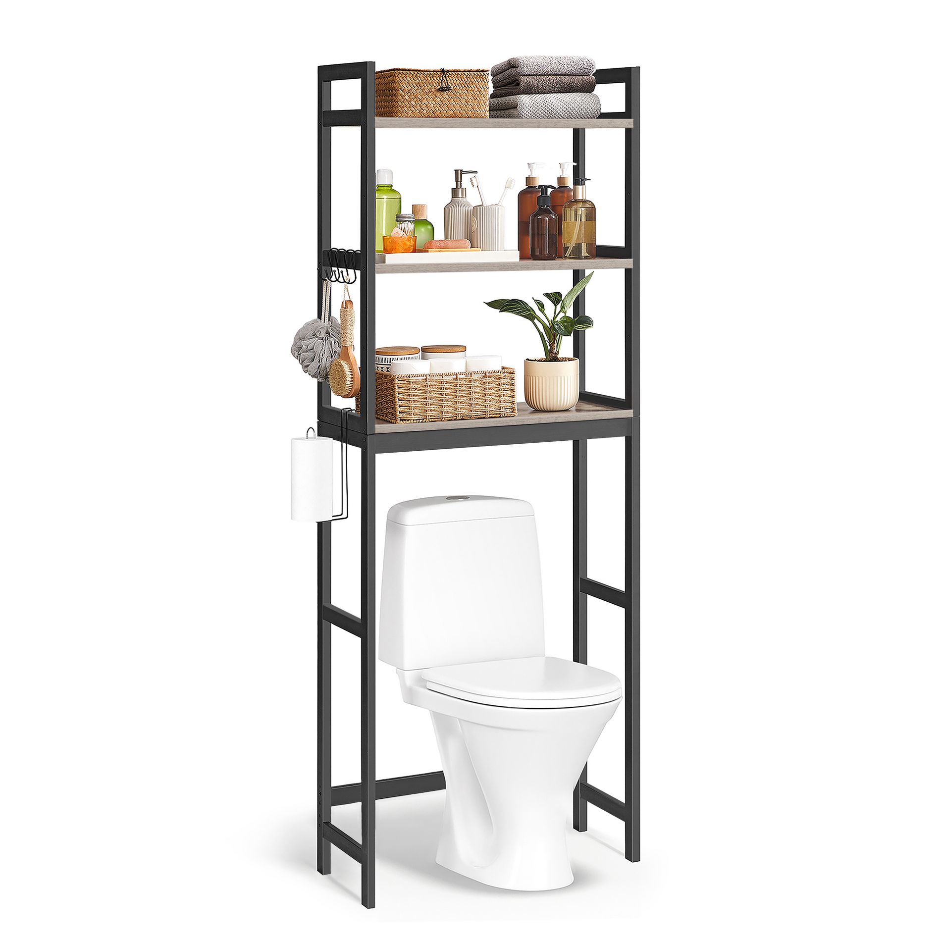 SONGMICS Over The Toilet Storage, 3-Tier Bathroom Organizer Over Toilet with Adjustable Shelves,Greige and Black