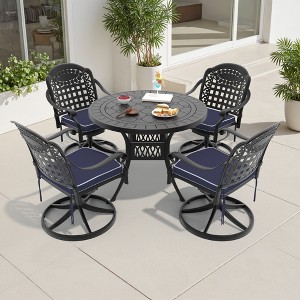 5-Piece Round Cast Aluminum Patio Set with Swivel Chairs,Blue Cushions - 1 of 4