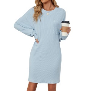 Coolmee Women's Long Sleeves Mini DressCausal Loose Crewneck Tuinc Tops Basic Dress with Front Pocket - 1 of 4