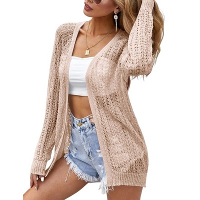 Womens Summer Lightweight Cardigan Long Sleeve Open Front Loose Beach Crochet Cover Up