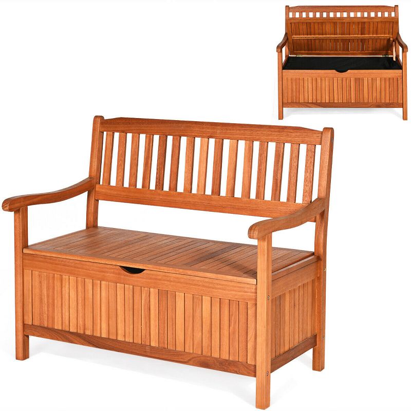 Costway 42'' Storage Bench Deck Box Solid Wood Seating Container Tools Toys W/Backrest, 4 of 11