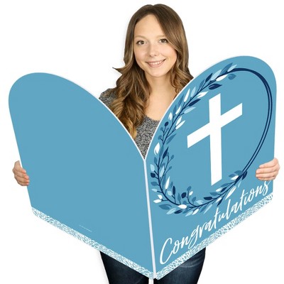 Big Dot of Happiness Blue Elegant Cross - Religious Congratulations Giant Greeting Card - Big Shaped Jumborific Card