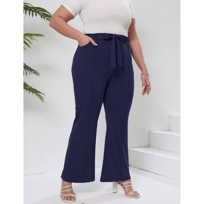 Womens Plus Size Flare Pants Tie Front Fashion Outfits Pockets Spring Fall Pants Slim Business Casual Work Pants
