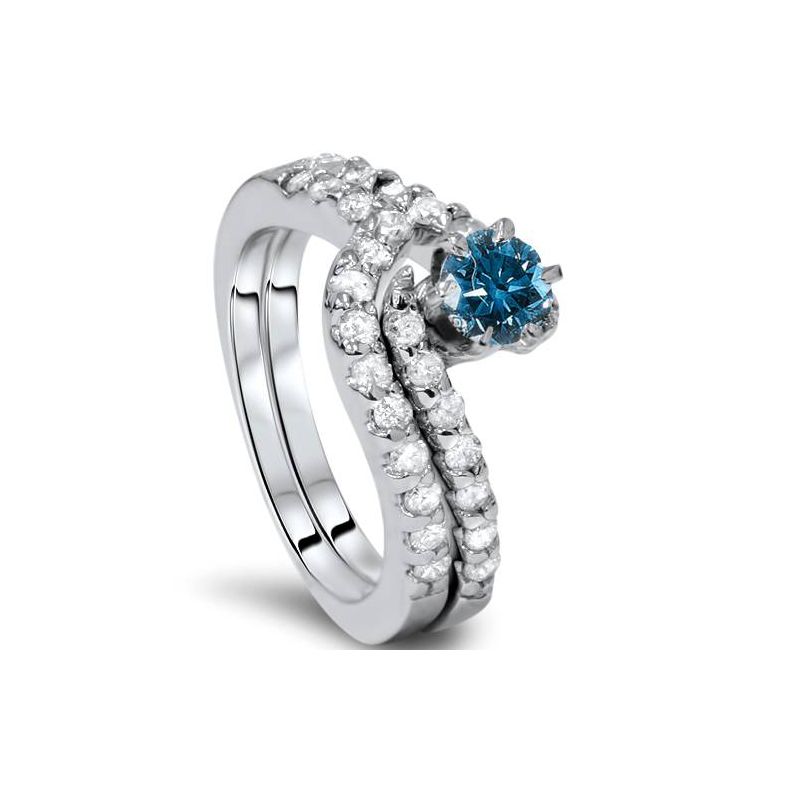 Pompeii3 3/4ct Blue & White Diamond Engagement Wedding Ring Set 14K White Gold, 2 of 6