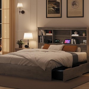 Storage Bed Frame with Bookcase Headboard & Charging Station, 4 Drawers, No Box Spring Needed - 1 of 4