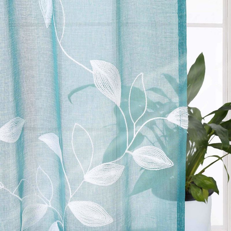 Leaves Embroidered Voile Sheer Grommet Window Curtain Panels, 5 of 6