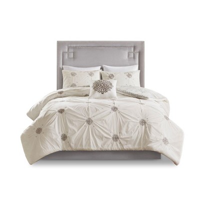 Ivory and Gray Embroidered Cotton King/Cal King Duvet Set