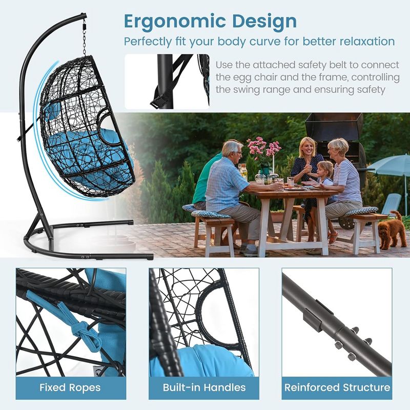 Tangkula Hanging Hammock Chair Egg Swing Chair w/ Blue Cushion Pillow Stand, 5 of 9