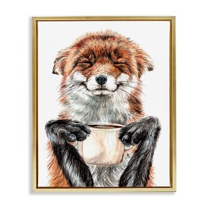 Stupell Industries Happy Fox with Coffee Floating Frame Canvas Art, Gold, 17" x 21" - 1 of 4