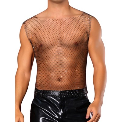 INSPIRE CHIC Men's Festival Fishnet Sheer Sparkly Rhinestone Tank Tops