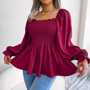 Coolmee Women Casual Square Neck Shirred Lantern Long Sleeve Frill Trim Flared Hem Blouse Shirt Tops - 1 of 4