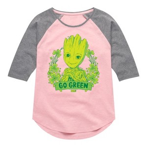 Girls' - Marvel - Groot Go Green St. Patricks Day Shirt Tail Raglan Graphic T-shirt - 1 of 4