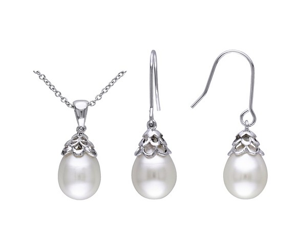 9-10mm Freshwater Cultured White Rice Pearl Hook Earrings and Pendant Necklace in Sterling Silver - White